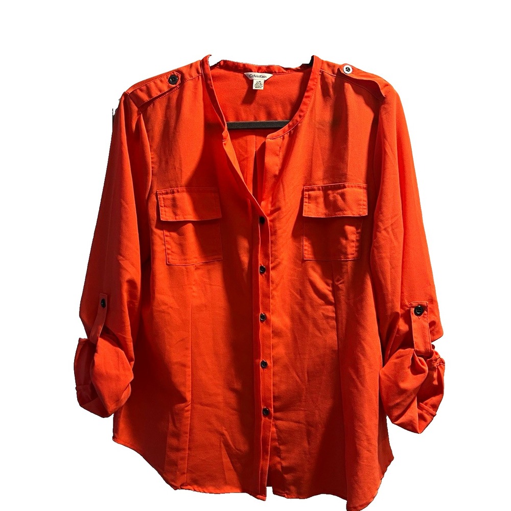 Calvin Klein Womens Large Orange Chiffon Roll Tab Button Down Pocket Blouse